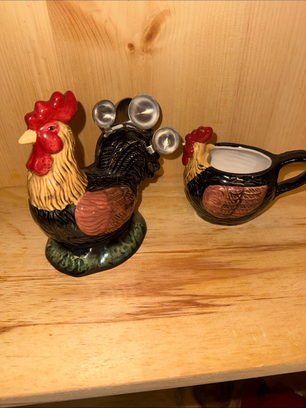 Rooster Ceramic measuring cup and rooster 7” tall measuring spoons- Multicolor